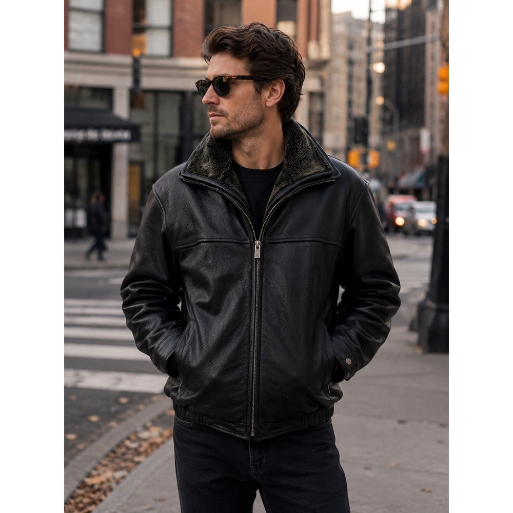 Wilsons Leather Mens Black Aviator Style Bomber Jacket Zip Out Faux Fur Collar L